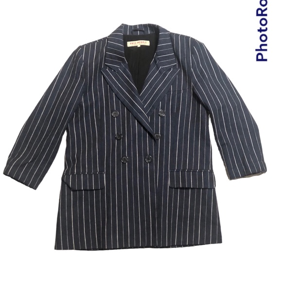 Like New!! Free People Linen Blend Boyfriend Blazer Navy Pinstripe Sz L - Picture 4 of 10